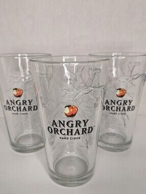 3 Angry Orchard Hard Cider Clear Pint Glasses Red Apple Logo 3D Embossed Tree